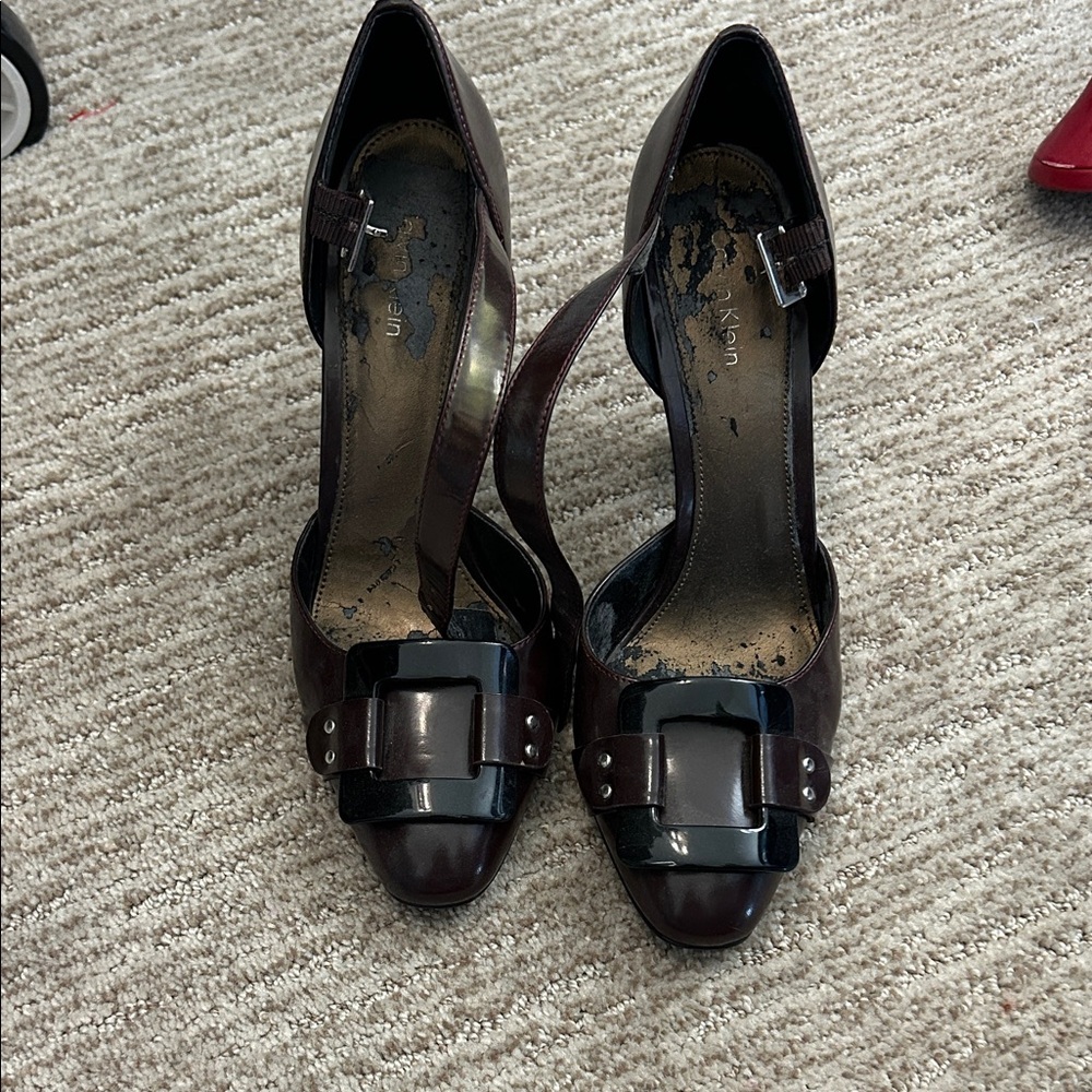 Calvin Klein Dark Brown Leather black Buckle ankle strap Heels